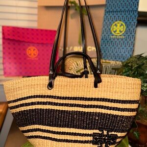 Tory Burch “Ella” Striped Straw Basket Tote